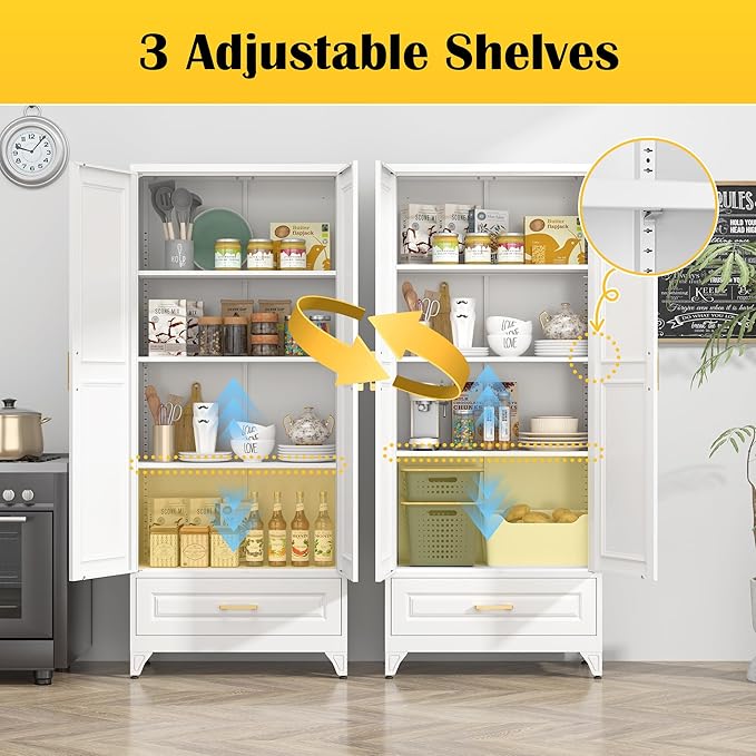 75" Kitchen Pantry Cabinet with Drawer, Metal Storage Cabinets with Doors and 4 Adjustable Shelves,White Kitchen Cabinet with 2 Gold Handles,Food Cupboard for Livingroom,Pantry, Bathroom