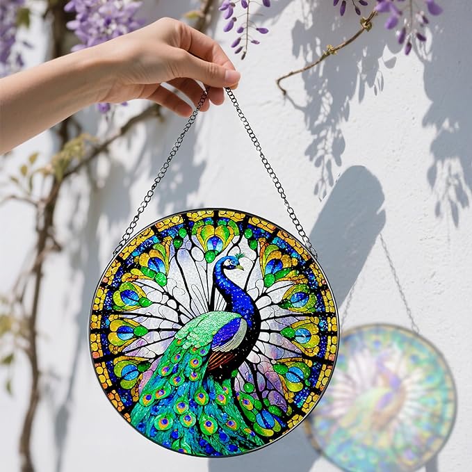 8 Inch Stained Glass Suncatcher Ornament, DOUHASU Peacock Sun Catchers Indoor Window, Stained Glass Window Hanging, Home Decor, Peacock Lovers for Mom, Grandma, Friend, Bestie, Couple