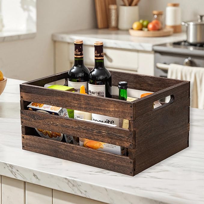 Rustic Vintage Brown Wooden Storage Crates Set, 2 Pack , 16.5 X 12 X 8.3''wood crate box，Handmade Farmhouse Decorative Crate with Handles for Books, Clothes Storage & Display
