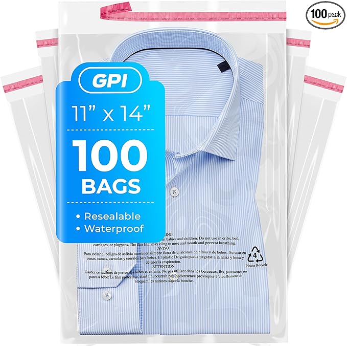 11" x 14" Self Seal Resealable Poly Bags - Case of 100, Peel & Seal Reclosable Polybags with suffoaction Warning and Adhesive Strip for Packaging & Shipping Clothes, Shirts & More - GPI
