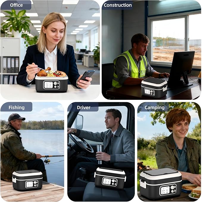Cordless Heated Lunch Box for Men, 6.3 Cup 100W Electric Lunch Box Food Warmer with 24000mAh Battery for Self Heating, Including Cutlery, Insulated Bag and Divider for Women Adults(Black+White)
