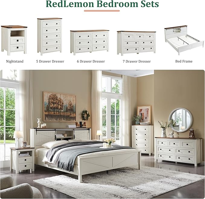 RedLemon Farmhouse 7 Drawer Dresser for Bedroom, 54 Inch Wide Rustic Wood Dresser TV Stand, Dresser Chest of Drawers for Closet, Living Room, Hallway, Antique White