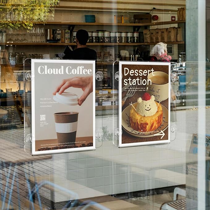 NIUBEE Acrylic Window Sign Holder with Suction Cups 8.5 X 11, Clear Acrylic Frames Glass Door Mount, Displaying Flyers, Notices and Menus, for Office, Store, Home, Restaurant (4 Pack)