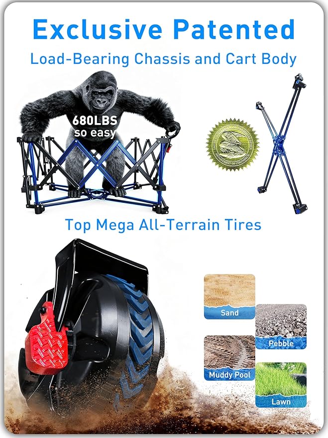 VIC 680lbs Super Cart & Table 1=5 Set, 480L Mega Capacity 54" Extra Long Double Decker Folding Wagon, Heavy Duty Collapsible Carts with Brakes, All-Terrain Big Wheels for Camping, Store, Shopping