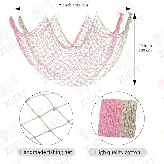 ZUEXT Fishing Nets Light Pink/Beige 80x40 Inch, 2PCS Picture Fish Netting Decor, Cotton Mermaid Net for Hawaiian Nautical Beach Party, Fishnet Photo Display, Sea Themed FishNet Decor Balloon Net