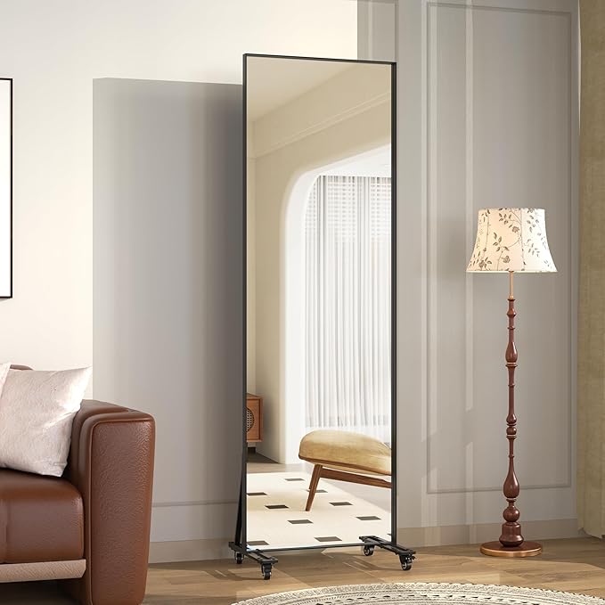 ANYHI Full Length Mirror with Wheels, 360° Swivel Full Body Rolling Mirror, 23.6"*74.5" Sturdy Standing Floor Mirror for Home Gym, Bedroom, Yoga & Dance Studio