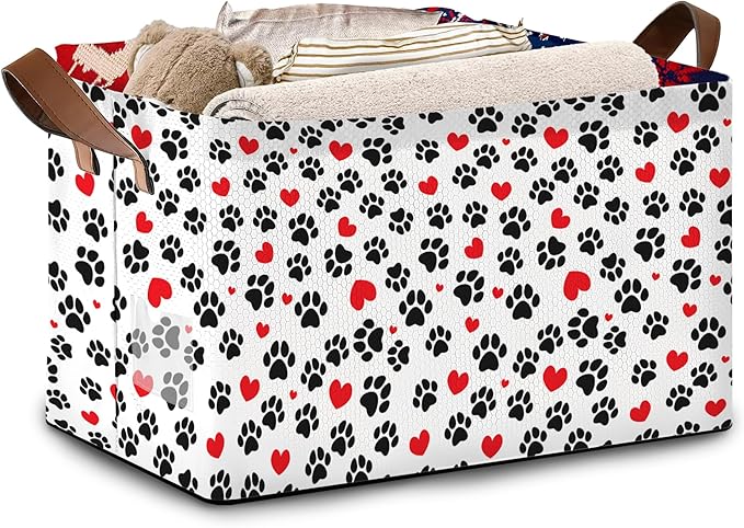 Paw Print Storage Basket Large 17x11.5x10.5 Inche-Collapsible Fabric Organizer Bin with Handles for Pet Lovers, Nursery, Bedroom-Foldable Decorative Hamper with Heart & Paw Design-Single Pack