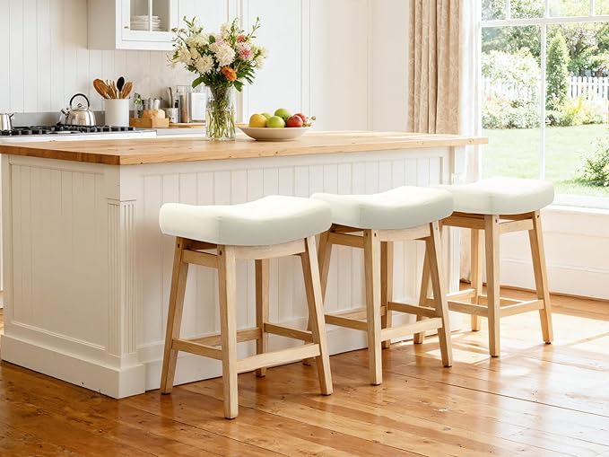 Counter Height Bar Stools Set of 2 for Kitchen Counter Backless Farmhouse Kitchen Island Barstools with Upholstered Faux Leather Saddle Seat and Solid Wood Legs Modern 24 inch Bar Chairs, White