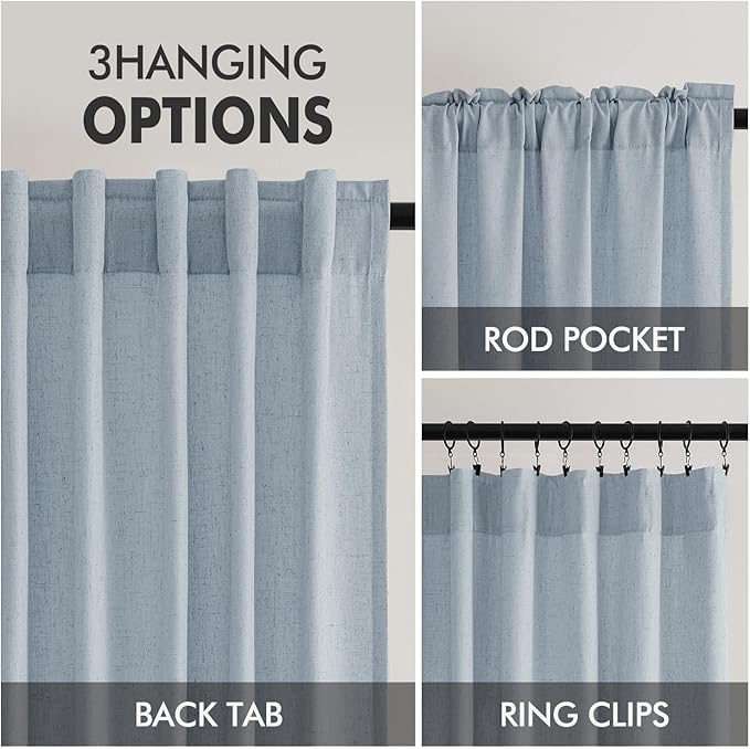 MIULEE Non-See-Through Privacy Linen Curtains 2 Panels, Chambray Blue Light Filtering Window Curtains Farn House Textured Back Tab Semi Sheer Drapes for Bedroom Living Room 63 Inches Long Light Blue