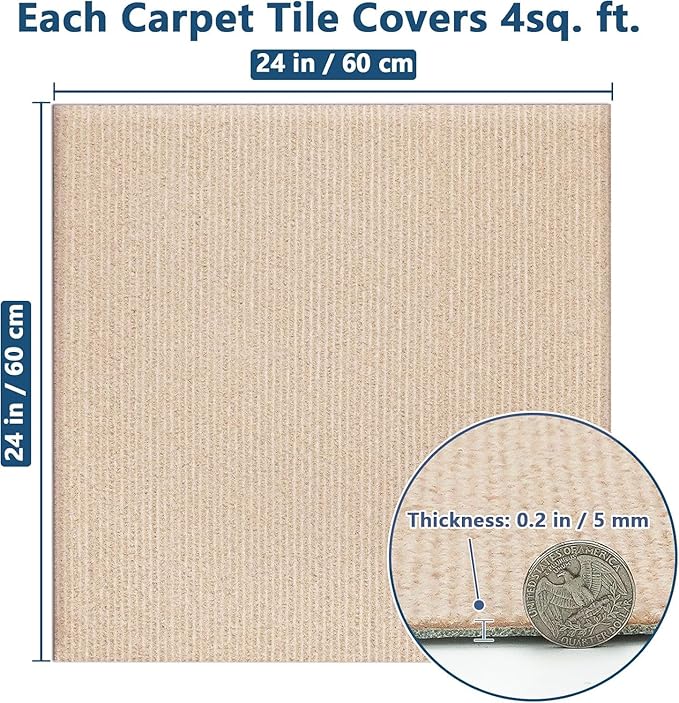 Carpet Tiles Peel and Stick 24” x 24”, Self Adhesive Soft Padded Flooring Stickers, Khaki Home Decor for Bedroom Living Room Office, 20 Tiles & 80 sq ft per Box