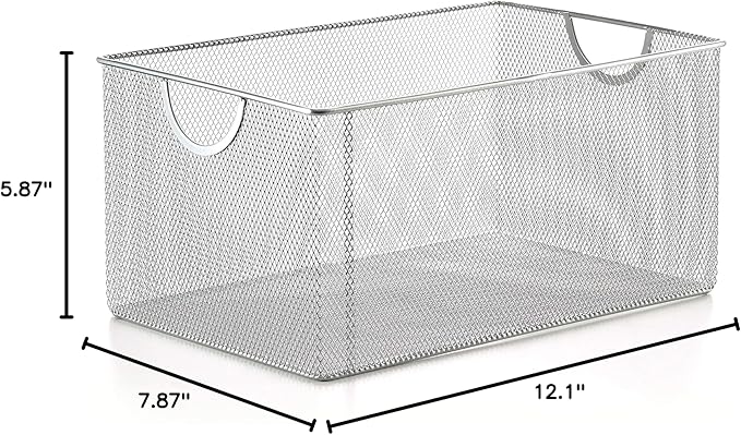 YBM Home Mesh Wire Storage Basket for Shelves, Pantry Organization, and Kitchen - Multipurpose Steel Wire Basket Holder Bin for Organizing Office Supplies, Household Toiletries and Laundry Supplies