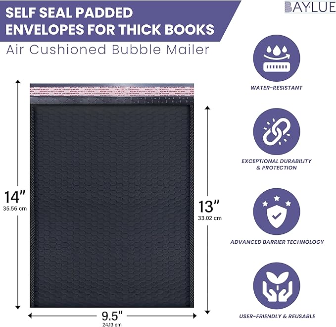 Black 10x13 Inch Poly Bubble Mailers |Self Seal Padded Envelopes for Thick books | Air Cushioned Bubble Mailer | Usable Size 9.5x13 Inch | Waterproof Lightweight Mailing Shipping Bags | 100 Pack Bulk