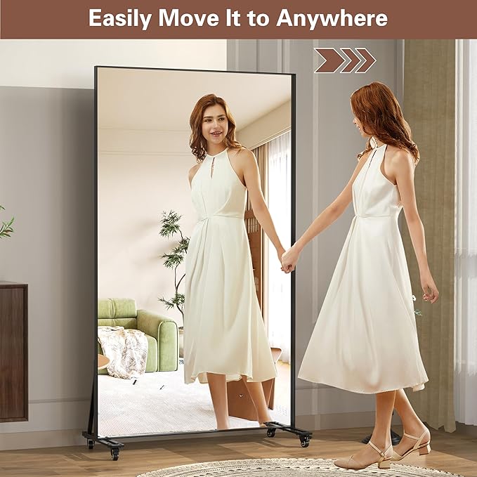ANYHI Full Length Mirror with Wheels, 360° Swivel Full Body Rolling Mirror, 39.7"*69.5" Sturdy Standing Floor Mirror for Home Gym, Bedroom, Yoga & Dance Studio