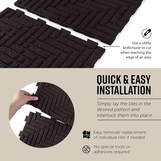 Playsafer Herringbone Rubber Interlocking Tiles | 16 X 16 | Easy Install for Indoor and Outdoor Use (Brown, 10 Tiles)