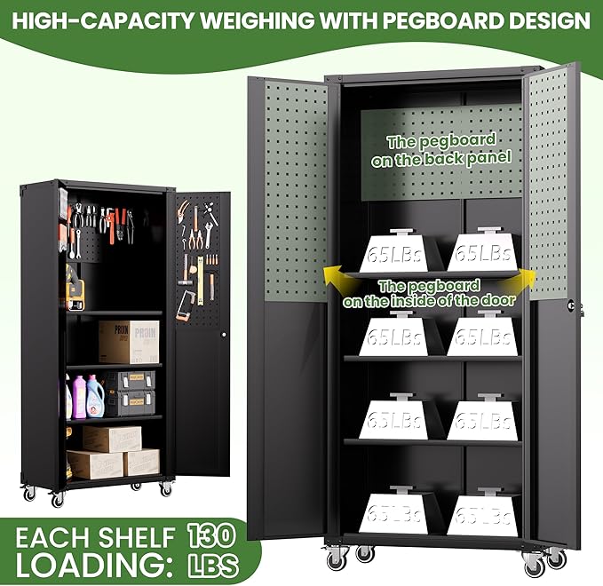 71'' Garage Storage Cabinet on Wheels Black Metal Tool Cabinets with Locking Doors and 3 Adjustable Shelves,Heavy Duty Tall Rolling Steel Cabinets for Garage Warehouse Basement Office