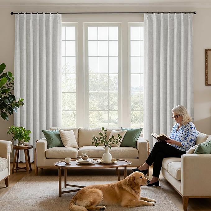 Joydeco Pinch Pleated Curtains - 100% Blackout for Bedroom, White Linen Curtains 40" W x 96" L, Thermal Insulated 2 Panels Light Blocking Drapes, Back Tabs for Living Room