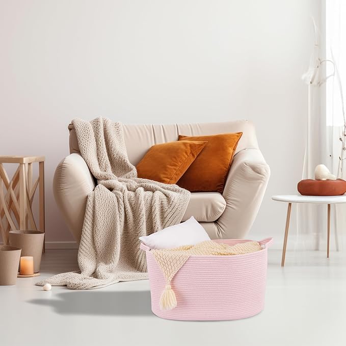 Large Rectangle Blankets Baskets 22"x17"x12" Toy Basket for Kids Woven Cotton Rope Storage Basket for Nursery - Wicker Laundry Baskets for Clothes Towels - Ideal for Living Room Storage pink