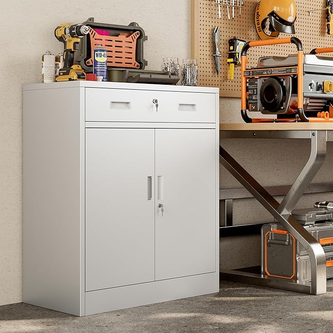 BESFUR Metal Storage Cabinet with Lockable Drawer and 2 Lockable Doors, 36"H White Metal Cabinet with Adjustable Shelf, Locking Storage Cabinet for Home Office, Garage,School, Warehouse, Utility Room