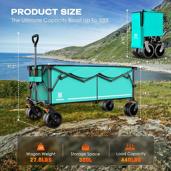 Navatiee 300L Collapsible Wagon Cart Foldable Extra Large, 48''L Folding Extended Beach Wagon with 440LBS Weight Capacity and Big All-Terrain Wheels, Heavy Duty Utility Garden Cart for Sports Outdoor