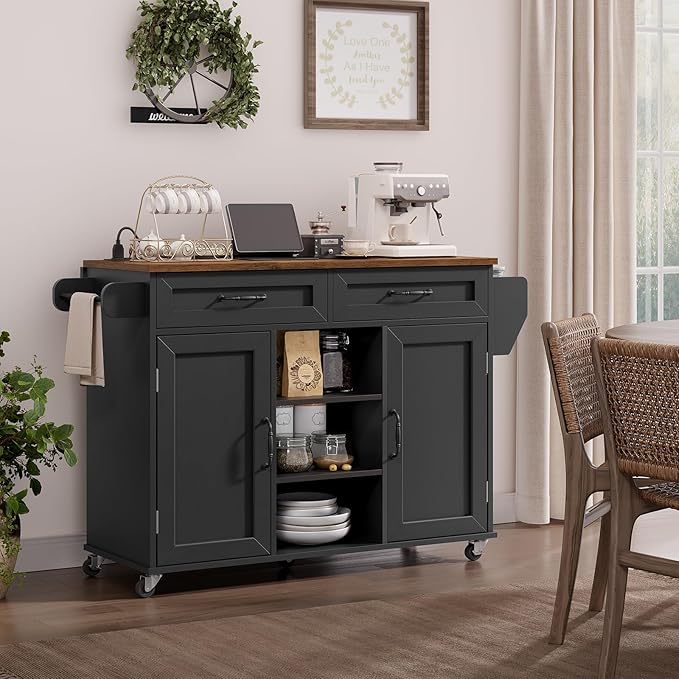 Kitchen Island with Power Outlets & Drop Leaf, Kitchen Cart with Storage, Drawer and Spice Rack, Tower Rack, Island Table, Black and Rustic Brown