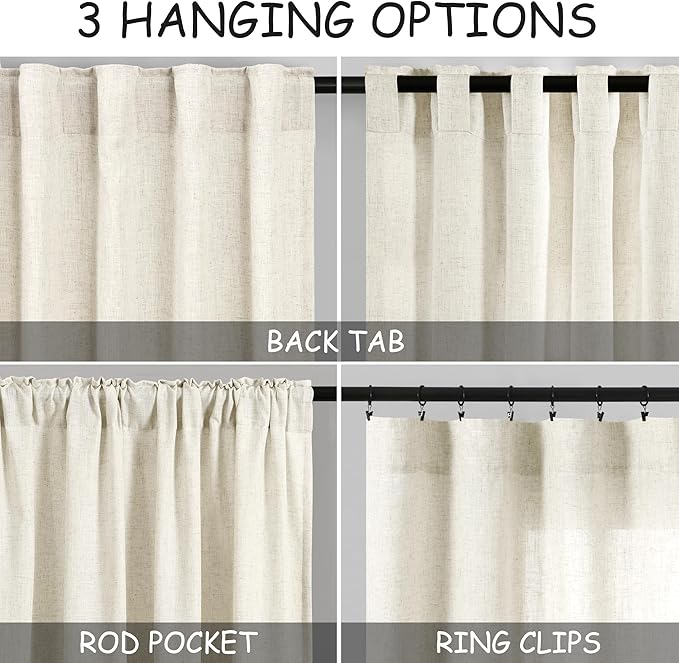 Nanspring Warm Beige Linen Curtains 102 Inches Long Rod Pocket Back Tab Drapes 2 Panels Set for Living Room Bedroom Light Filtering Semi Sheer Warm Beige Curtain 102 Length for Patio Door 52x102