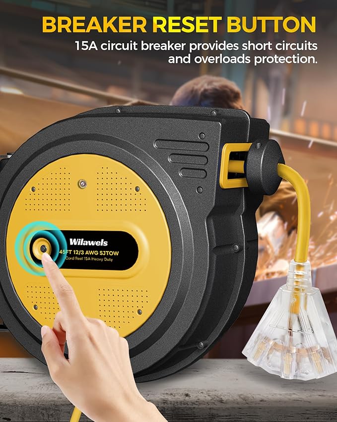 45 FT Retractable Extension Cord Reel, Heavy Duty Power Cord, 12AWG/3C SJTOW, 3 Grounded Outlets Lighted Triple Tap, Ceiling/Wall Mount,15 Amp Circuit Breaker, ETL Listed, Yellow Y45ACR06