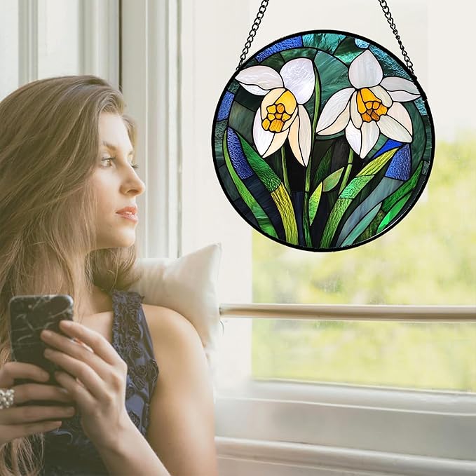 Stained Glass Window Hanging - White Snowdrops Birth Flowers Suncatcher for Doors Garden Patio Sun Catchers Decor Christmas Mother's Day Birthday Gifts for Women Men Mom Nana Friend 6.3 in