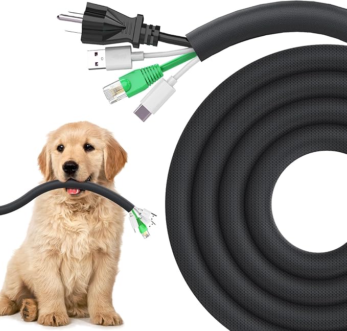 Dog and Cat Cord Protector 25ft - 1/2inch, Flexible Cable Sleeve for Easy Cord Management, Protects Cables from Pets Chewing, Ideal for USB, Power, Audio and Video Cords - Black