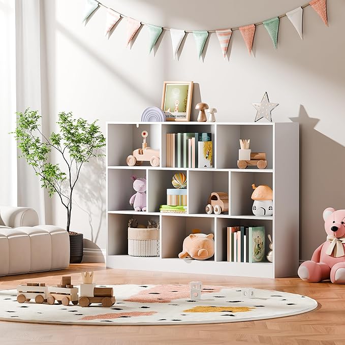 Cozy Castle White Bookshelf, 3-Tier Open Shelf Bookcase, 10 Cube Storage Organizer with Anti-Tilt Device for Bedroom, Living Room, 55.11" W x 11.61“D x 40.94“H