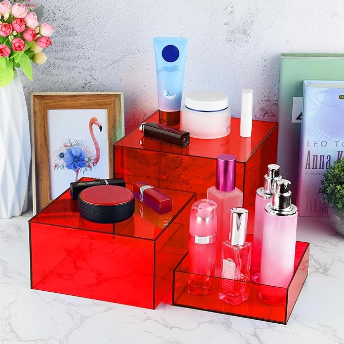 3Pcs Red Buffet Risers Acrylic Boxes Display Food Risers for Buffet Table Platter Parties Weddings Catering Dessert Collectibles Figures Show (6''x7''x8'')