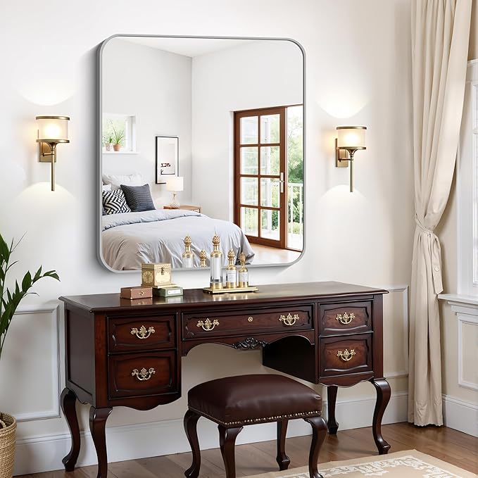 FORBATH 40x36 Inch Silver Bathroom Mirror for Over Sink, Large Rectangular Wall Mirror with Metal Frame, Rounded Corners for Bathroom, Bedroom, Entryway Decor (Horizontal or Vertical)