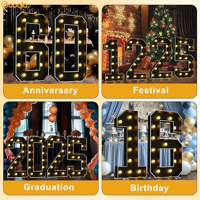 Pooqla 4 FT Light Up Marquee Numbers, Black Letter Big Mosaic Numbers 4 Feet Tall for 10th 50th Birthday, Giant Marquee Number Lights for Balloons Party Anniversary Wedding Decorations, Number 0