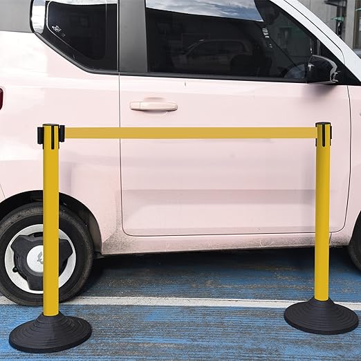 OangeStar 6 Packs Crowd Control Stanchions w/10ft Retractable Belt, Crowd Control Barriers Set w/1 Sign, Rubber Base, Ideal for High Traffic Areas, Queue Management