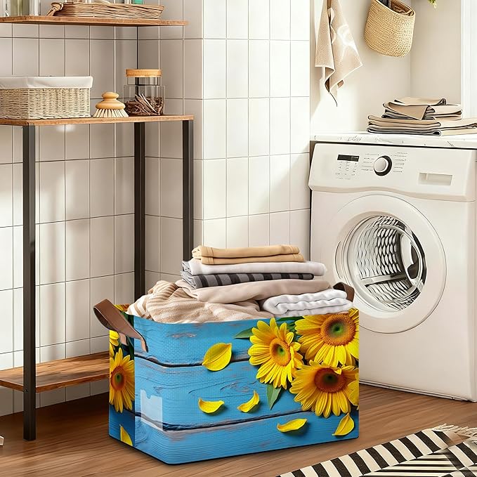 Storage Bin with Handles, Sunset Sunflower Collapsible Laundry Baskets for Books, Laundry - Use in Nursery, Closet Organizers and Storage, Blanket Basket