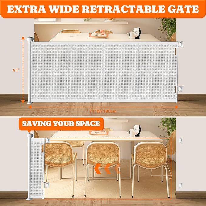 Pawtners Retractable Baby Gates Extra Wide, 41" Tall Extends up to 71" Wide, Dog Gate Indoor with for Stairs, Pet Gate with Support Rods for Doorways Hallways Indoor & Outdoor-White