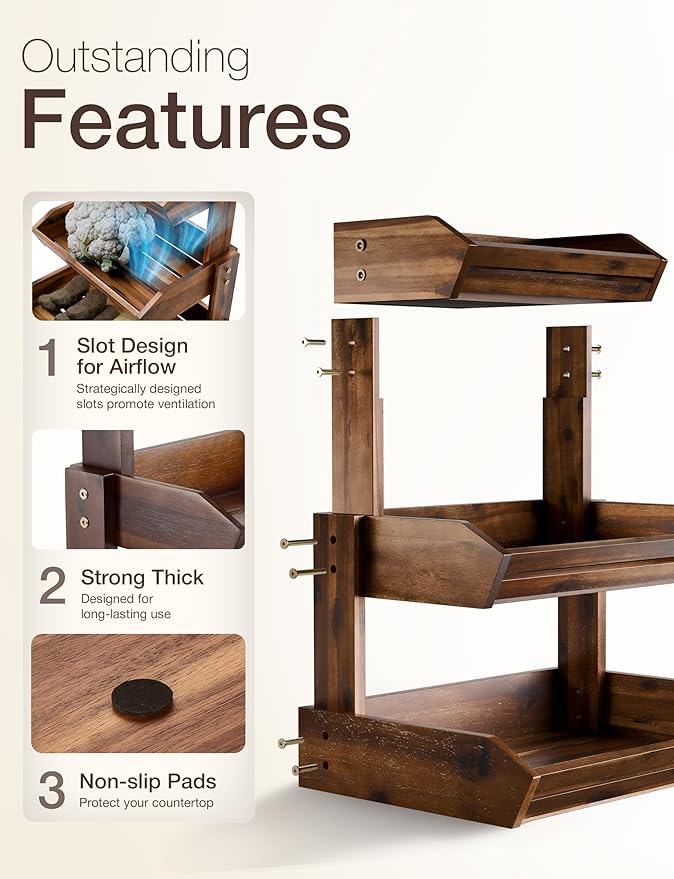HOLANA Acacia 3 Tier Fruit Basket for Counter – Wooden Fruit Bowl for Kitchen Counter Organizer, Vegetable & Produce Storage, Wooden Basket & Snack Organizer for Countertop Storage (Walnut)