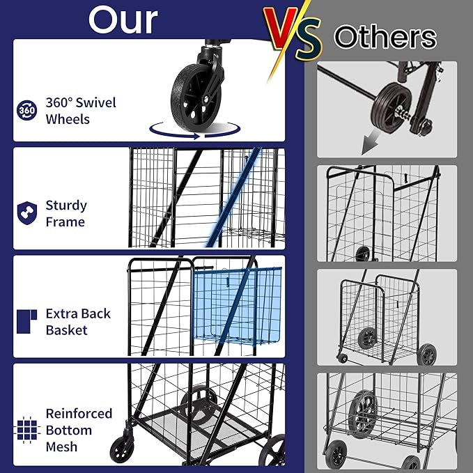 Folding Shopping Cart, Grocery Cart, 340 Lb Capacity, Utility Cart with 360° Rolling Swivel Wheels, Large & Extra Basket