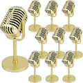 10 Pack Retro Microphone Props Fake Microphone Model with Stand Classic Vintage Plastic Antique Mic Table Decor for Halloween Party Decoration Rock Hip Hop Music Prop Pretend Play (Golden)