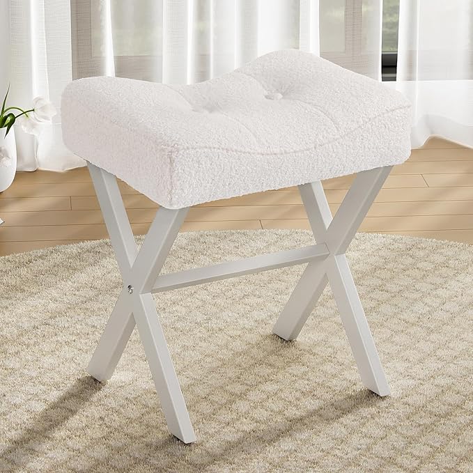 18-Inch Vanity Stool Chair, Vanity Bench with Metal X-Legs, Ottoman Accent Stool with Breathable and Soft Boucle Fabric Saddle Seat, White