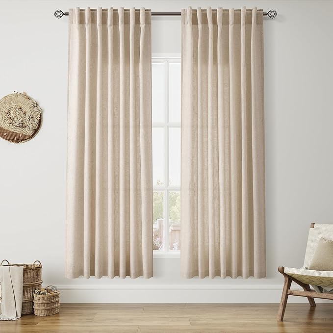 Grey Flax Linen Curtains 72 Inches Long for Living Room Linen Blend Light Filtering Mordern Boho Semi Sheer Curtains Back Tab and Rod Pocket Privacy Neutral Curtain for Bedroom Office 52x72, 2 Panels