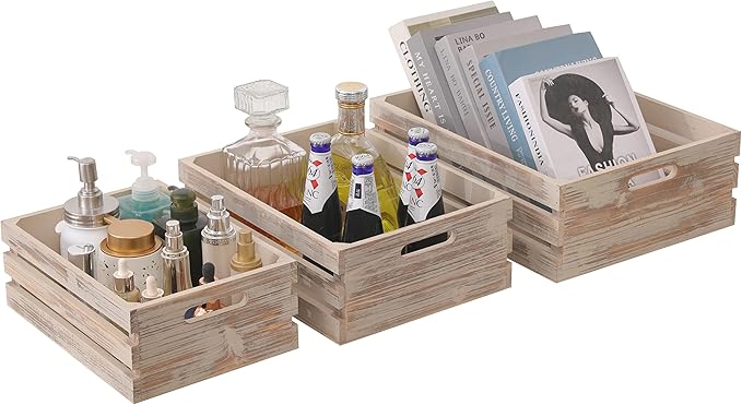 Large Size Wood Crates for Storage, Decorative Vintage Walnut Wooden Boxes for Display, Handmade Solid Wood Set of 3 Rustic Crates (Walnut)