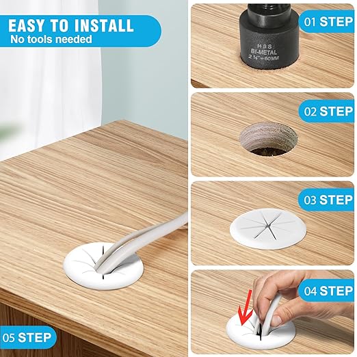 2-3/8" White Desk Grommet, JTemgle Flexible Cable Grommet with Bi-Metal Hole Saw Rubber Cable Hole Cover Wire Organizer Caps Desktop Cord Management for Home Office TV Stands Tabletops, 7 Pieces