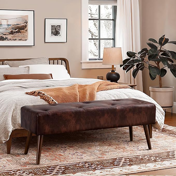 Furnimart Faux Leather Bench Ottoman, Tufted Button Bedroom Benches Footrest Stool in Solid Wood Legs, Long and Dining Bench, Indoor Bench for Entryway Living Room Bedroom (Leather-Darkbrown)