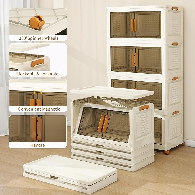 Plastic Stackable Storage Bins with Lids and Wheels, 182.4QT-45.6QT*4Tier Foldable Closet Organizers and Containers, Collapsible Clear Drawer Storage Cabinet with Doors Ivory White