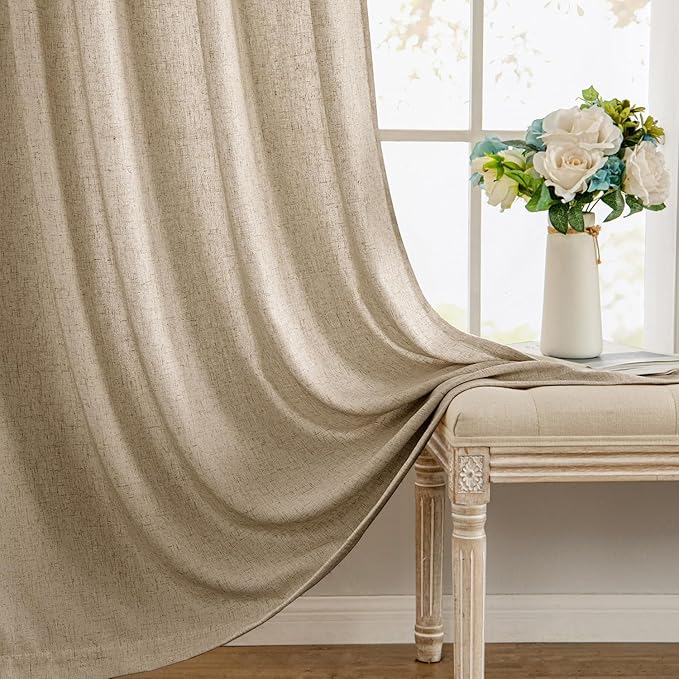 MIULEE Non-See-Through Privacy Linen Curtains 2 Panels, Light Filtering Window Curtains Farn House Textured Back Tab Semi Sheer Drapes for Bedroom Living Room, 52 x 96 Inches Long, Copper Brown