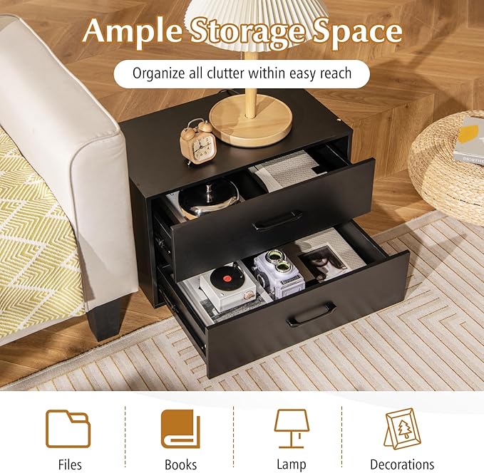 POWERSTONE 2 Drawers Storage Cabinets, Wooden Dresser Organizer, Under Desk Storage for Living Room, Bedroom, Home Office, Black