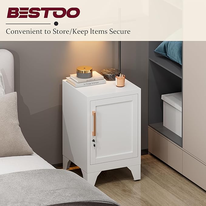 Bestoo Metal Locking Cabinet, 23.6" H Locker with 1 Magnetic Door and 1 Adjustable Shelve, Small Lockable Nightstand, White Bedside Storage Cabinets for Bedroom, Home, Office, School