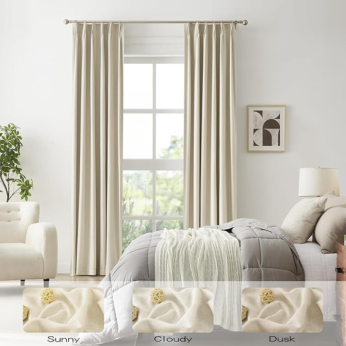 DUALIFE Extra Long Pinch Pleat Blackout Curtains 132 Inch Long 11ft 2 Panels,Back Tab with Hooks,Ceiling Sound Absorbing Track Curtains for Living Room Large Windows,40Wx132L Natural Birch