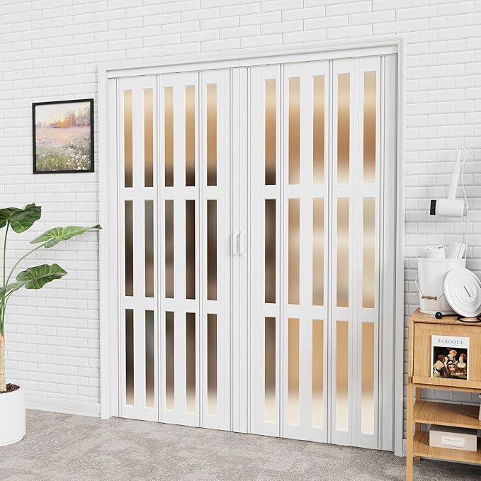 97-120 x 80in (Double 49-60) Accordion Doors Interior Folding Door, 3 Frosted Acrylic Glass PVC Accordion Door with Upgraded Roller & Handle & Complete Hardware for Closet Bathroom Doorways