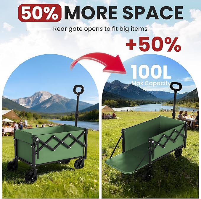 Collapsible Wagon with Wheels & Tailgate, 350LBS Wagons Carts Foldable Heavy Duty, Lightweight Portable Folding Utility Wagon Grocery Shopping Cart for Garden, Camping, Beach (Green)